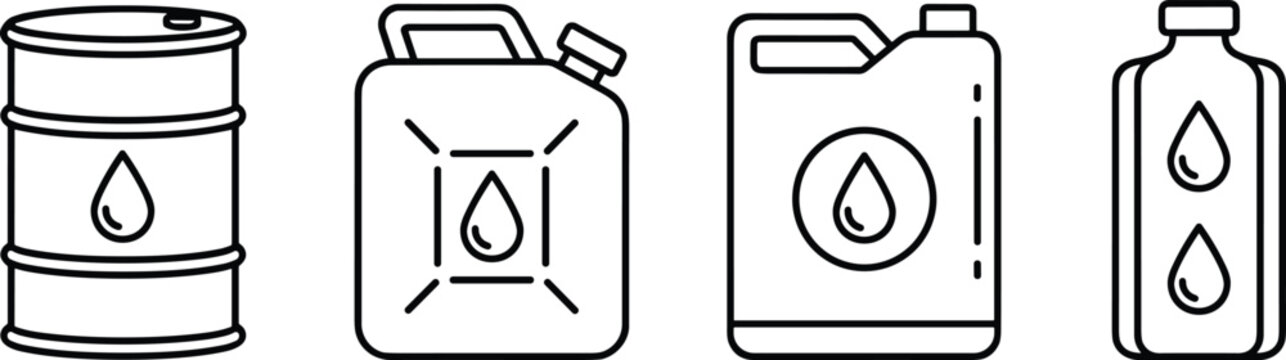 Outline Vector Icon Set Featuring Industrial Oil Drums Jerrycans and Chemical Containers with Liquid Droplets for Energy Logistics