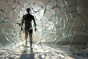 Shattered glass figure walking boldly amid reflections and light