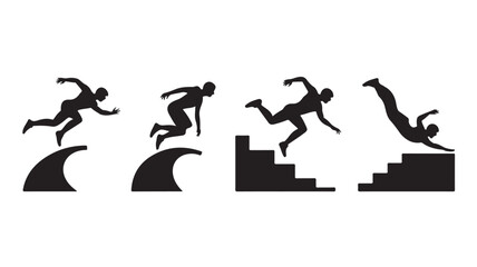 Black Silhouettes of People Jumping Over Obstacles on White Background