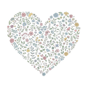 Beautiful heart shaped floral pattern with colorful flowers and leaves