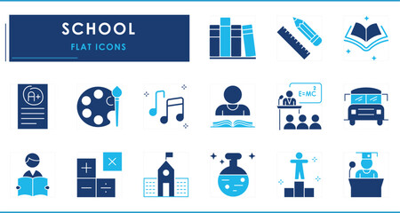 A set of flat icons related to School. School bus, student, class, subjects, objects, books, and so on.