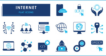 A set of flat icons related to Internet. Wireless, shopping, hacker, network, server, programming, worldwide, and so on.