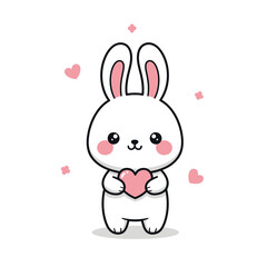 Obraz premium Cute white bunny holding heart with pink flowers and hearts around