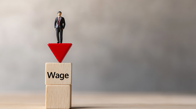 Wage Decline: A miniature figure stands atop a red arrow pointing down, supported by wooden blocks labeled "Wage", symbolizing financial uncertainty and economic downturn.