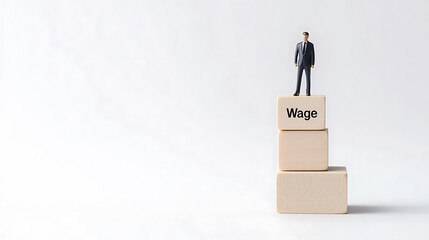 Miniature person atop stacked blocks, with "Wage" labeled. The figure symbolizes wage growth, financial stability, or career progression in a minimalist visual.
