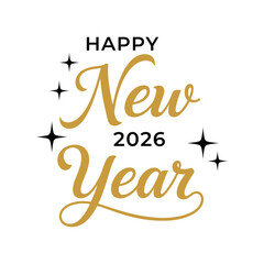 Elegant and celebratory 'Happy New Year 2026' typography design in luxurious gold and classic black, adorned with sparkling stars, ideal for festive greeting cards, banners, or social media promotions