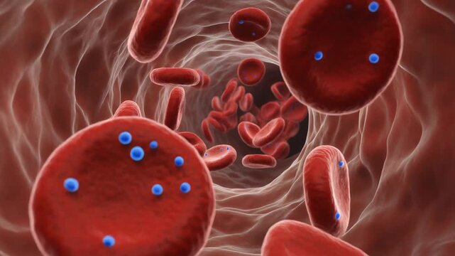 Close-up view of red blood cells flowing through a capillary