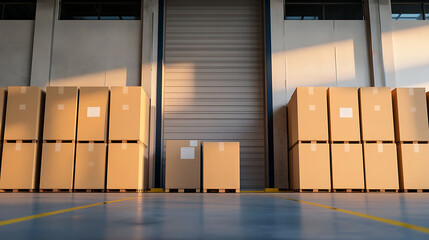 Warehouse scene with stacked cardboard boxes on pallets, positioned in front of a closed loading dock door, creating a symmetrical composition with a focus on storage and logistics.