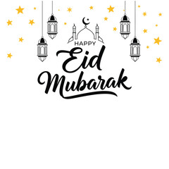 Elegant Happy Eid Mubarak Calligraphy Design with Mosque Silhouette, Hanging Lanterns, and Stars for Islamic Celebration Greeting Card