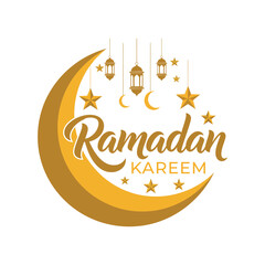 Elegant Golden Crescent Moon and Stars with Festive Lanterns - A Beautiful Vector Illustration for Ramadan Kareem Greetings and Islamic Celebrations