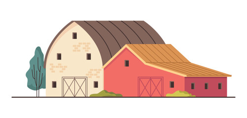Barn with outbuilding, rural brick buildings with windows and closed door. Vector structures for storing gardening tools, equipment and maintenance supplies. Livestock housing areas with hayloft