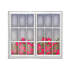 窓に映る山茶花