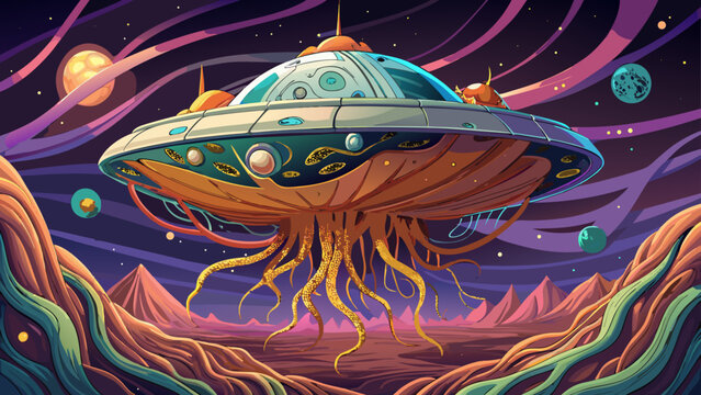 A living spaceship with organic surfaces and soft glowing veins, resembling a cosmic creature drifting through space, illustrated in detailed yet clean vector style.