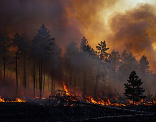 Wildfire smoke covering forest, glowing flames beneath haze, emotional dramatic mood, environmental education concept