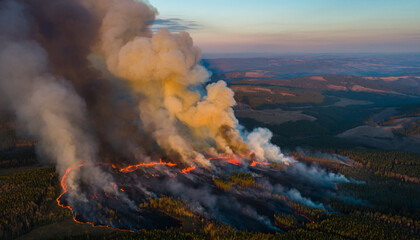 Aerial drone perspective of wildfire disaster, massive forest fire with smoke plumes rising into sky, cinematic lighting, climate crisis awareness