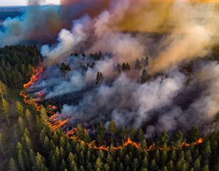 Drone aerial view of forest wildfire, wide shot of burning trees and spreading flames, thick smoke covering forest canopy, dramatic atmosphere, environmental education concept, high resolution