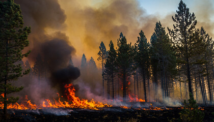 Forest fire with heavy smoke, trees engulfed in flames, dramatic perspective, educational background about climate impact