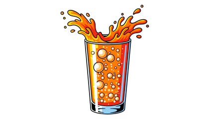 Orange drink splash in a glass with bubbles and energetic liquid eruption, refreshing beverage illustration
