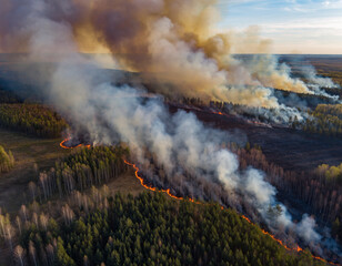 Drone view of large-scale forest fire, fire lines cutting through woodland, dense smoke clouds, educational climate change concept, copy space