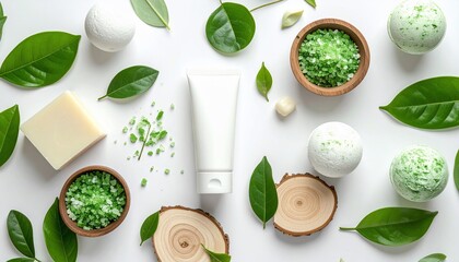 Natural beauty products with leaves, bath bombs, soap, and bath salts arranged on white