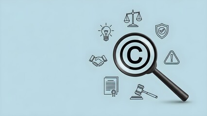Magnifying glass focusing on the copyright symbol surrounded by various legal and intellectual property protection icons