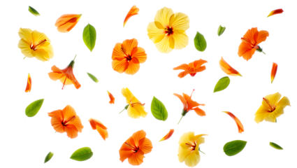 Scattered orange and yellow hibiscus flowers and petals, isolated on transparent background