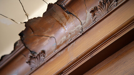 A close-up reveals a section of damaged ceiling and wooden trim, showcasing cracked surfaces and intricate designs, signaling the need for restoration and repair.