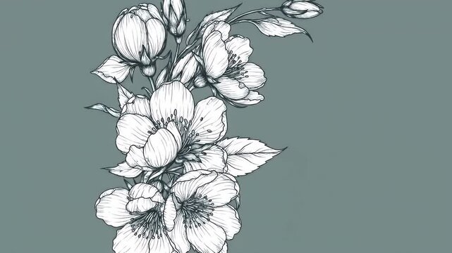 Elegant hand-drawn grayscale floral bouquet with peony-like blossoms on gradient background