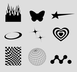 shape set with sparkling stars, planet wireframe grid, swirling chass background,starburst rays, geometric ellipses and shining diamond sparkles,y2k design, space or vintage decor.
