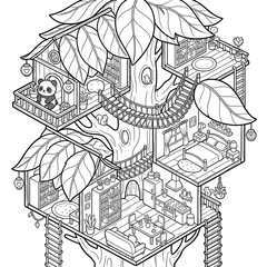 Dreamy Treehouse Paradise: A whimsical black and white illustration of a treehouse, designed with cozy living spaces, enchanting details, and a panda friend gazing out.