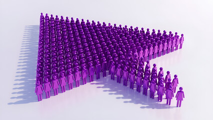Massive group of identical purple female figures forming a large arrow shape indicating strong directional movement or unified progress