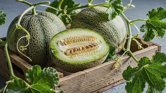 Two whole netted melons and one sliced sit in a wooden crate with vines and leaves
