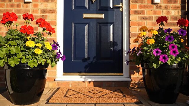 Front door entrance with vibrant flowering plants in elegant black pots