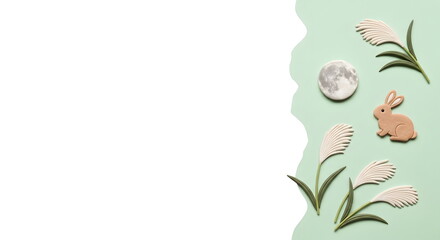 お月見の満月とうさぎとススキのクレイアートフレーム背景