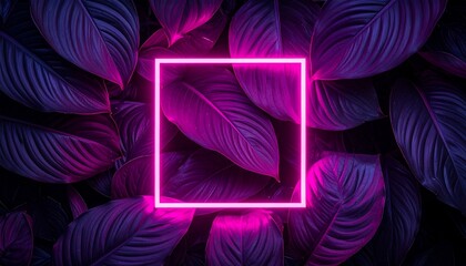 Neon pink square illuminates lush, deep purple tropical leaves, highlighting details