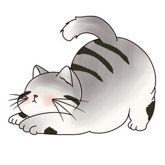 cartoon illustration of stretching gray striped tabby cat 