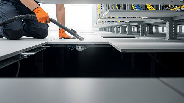 Data Center Underfloor Cleaning Technician Server Room Maintenance - Powered by Adobe