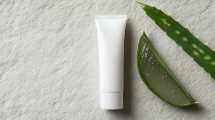A pristine white tube of cream rests alongside fresh aloe vera leaves on a textured stone surface, symbolizing natural skincare and gentle, soothing properties.