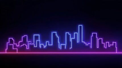 Abstract modern dark neon glowing city silhouette banner with copy space, futuristic urban skyline showing digital technology, smart city innovation, night lights and data connectivity concept
