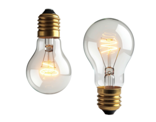 Two lit lightbulbs with clear glass on black backdrop