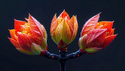 Trio of fiery buds bursting forth on a dark branch, illuminated with orange and yellow hues, capturing spring?s vibrant start