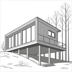 Fototapeta premium Modern box shaped cabin lifted above snow using stilts