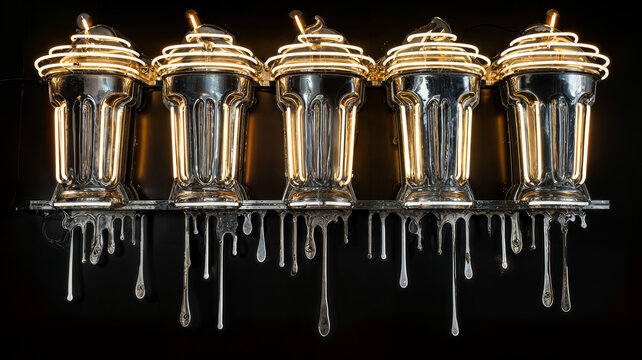 Retro Neon Diner Milkshake Art with Metallic Chrome Cups and Glowing Light Outlines and Dripping Liquid Effect on Black Background