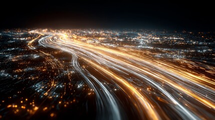 Smart city technology network with glowing light trails around modern urban skyline, showing digital connectivity, data flow, future infrastructure, intelligent systems and urban innovation