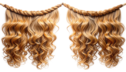 Wavy blonde hair extensions hung on a braided rope