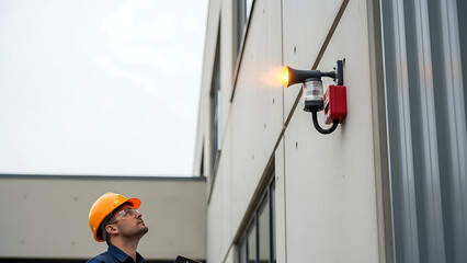 Factory Worker Inspecting Industrial Warning Light Safety Check