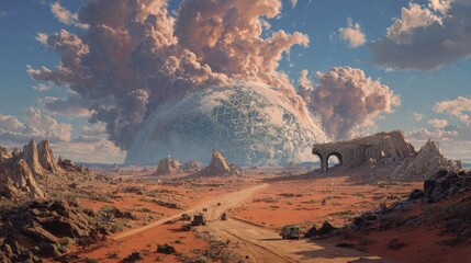 post-apocalyptic Earth landscape, vast desert of red sand and crystalline formations, a shattered highway overpass leads to a colossal, decaying geodesic dome

