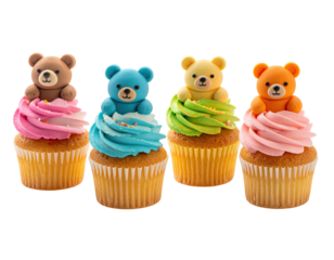 Bear-topped cupcakes with colorful frosting, golden wrappers