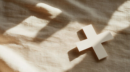 A cross stands on a textured cloth illuminated by sunlight, creating a serene and contemplative composition. The light and shadow play enhances the simplicity & design.
