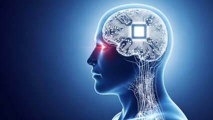 Digital representation of a human profile showcasing advanced artificial intelligence integration within the illuminated cerebral cortex structure